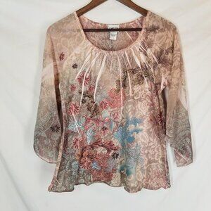 Chico’s Size 1 Women’s Floral Blouse 3/4 Flare Sleeve Rhinestone Embellish Y2K